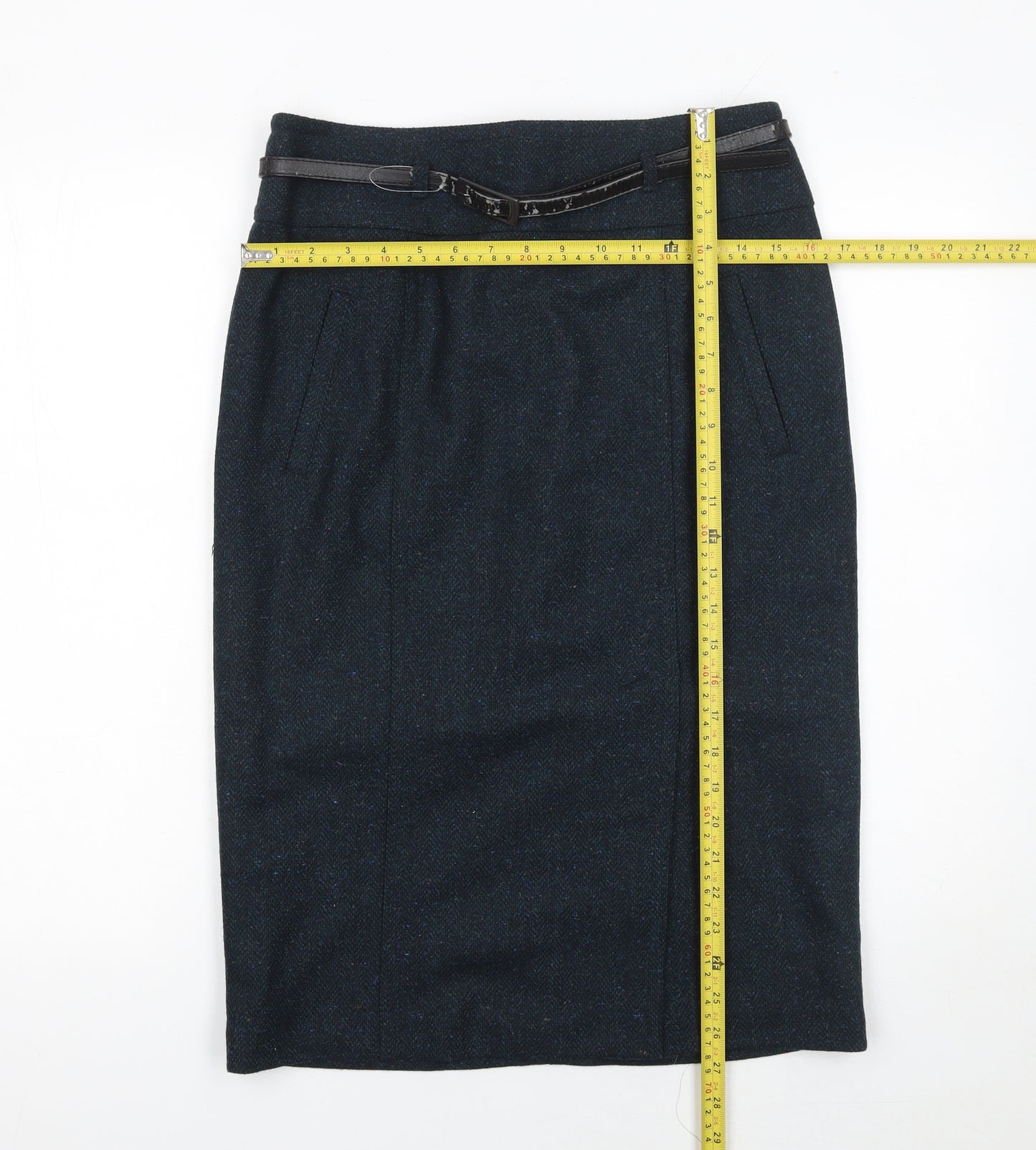 Marks and Spencer Women's Blue Tweed Pencil Skirt Size 10 Belted
