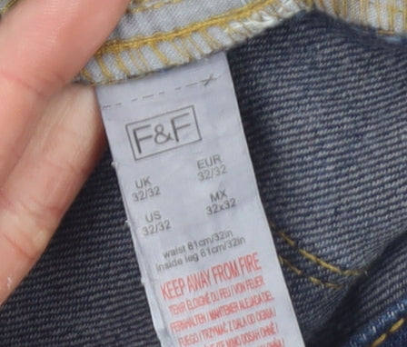 F&F Men's Blue Straight Leg Jeans 32W 32L Denim Relaxed Fit