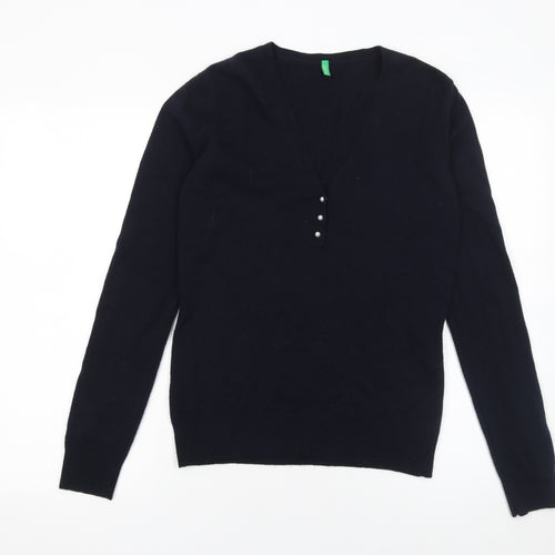 United Colors of Benetton Women’s Black Wool V-Neck Pullover Jumper Size 12