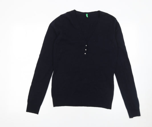 United Colors of Benetton Women’s Black Wool V-Neck Pullover Jumper Size 12