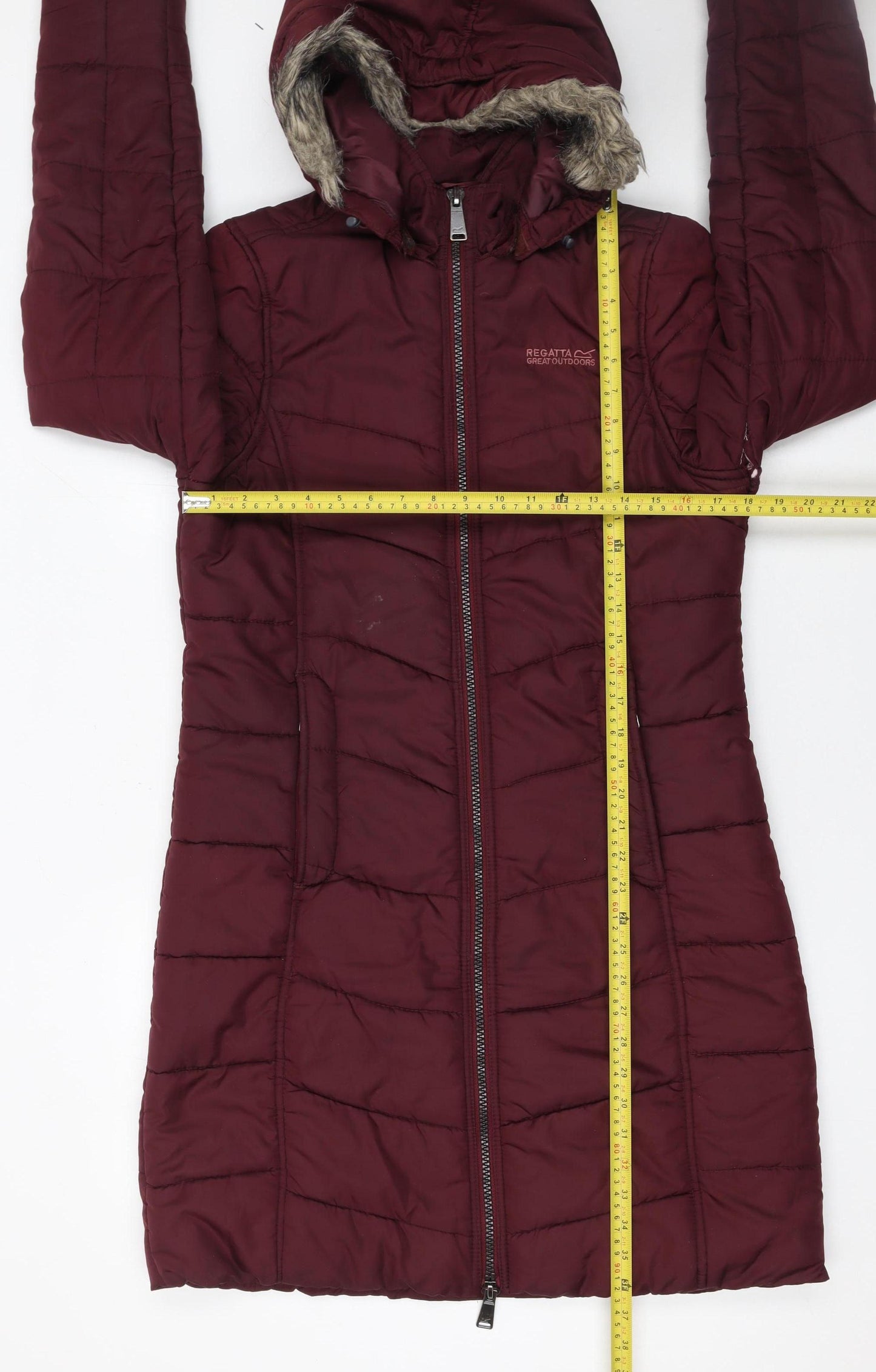 Regatta Women’s Red Long Hooded Puffer Coat Size 12 Faux Fur Trim