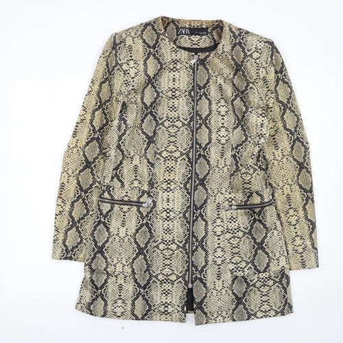 Zara Women's Beige Snake Print Zip Long Overcoat Size 16