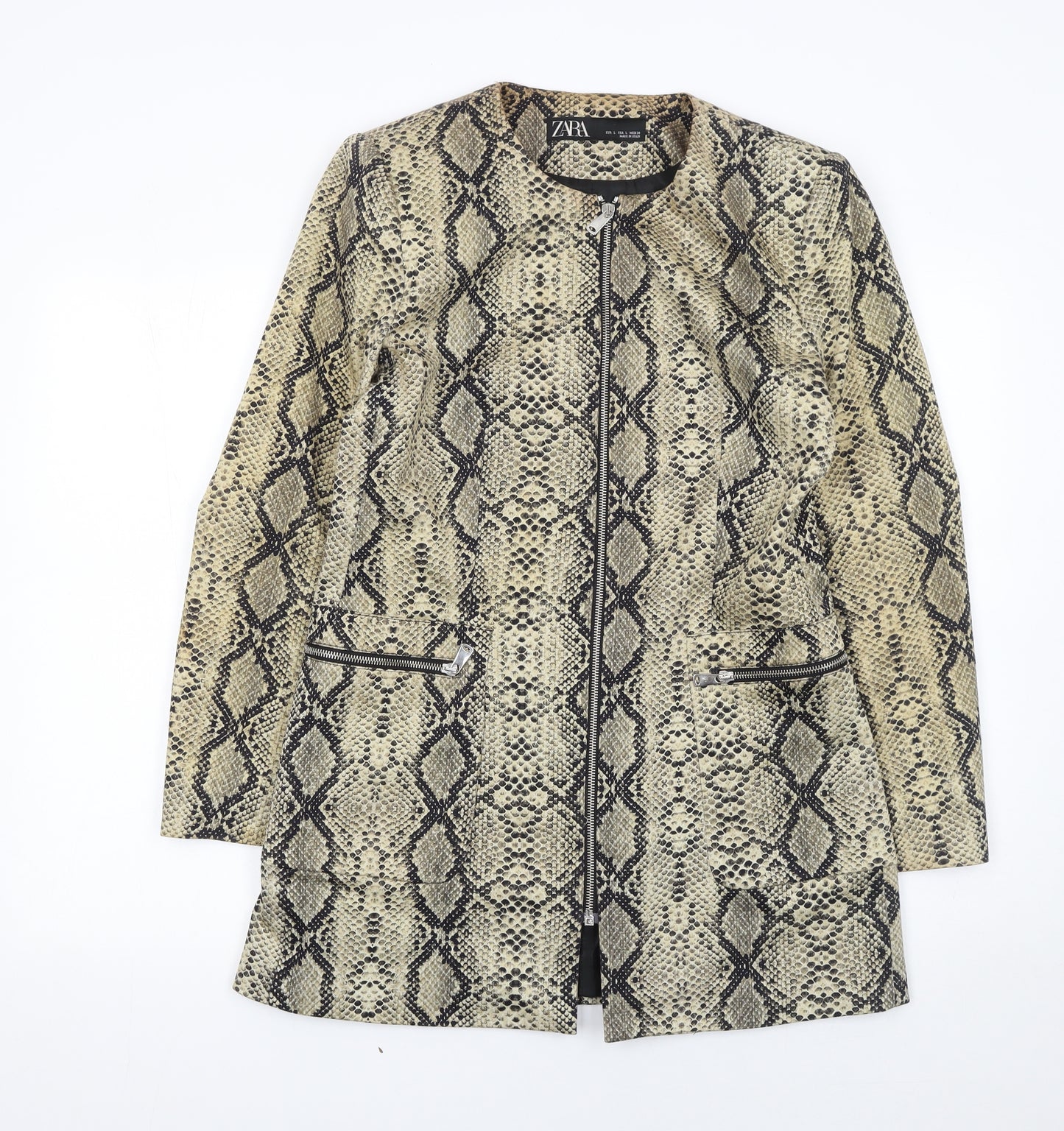 Zara Women's Beige Snake Print Zip Long Overcoat Size 16