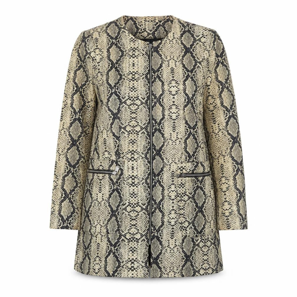 Front view of Zara Women's Beige Snake Print Zip Long Overcoat, size 16