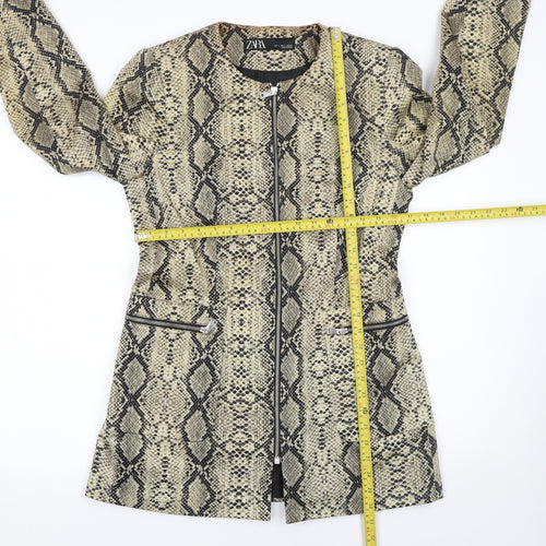Zara Women's Beige Snake Print Zip Long Overcoat Size 16