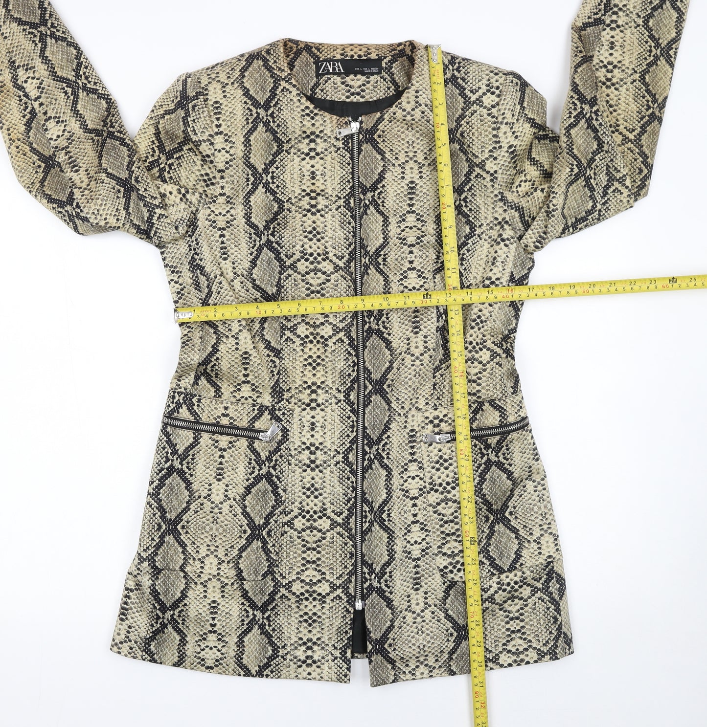 Zara Women's Beige Snake Print Zip Long Overcoat Size 16