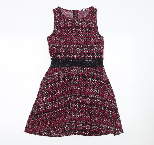 New Look Girls Red Geometric Fit & Flare Sleeveless Dress 12 Years