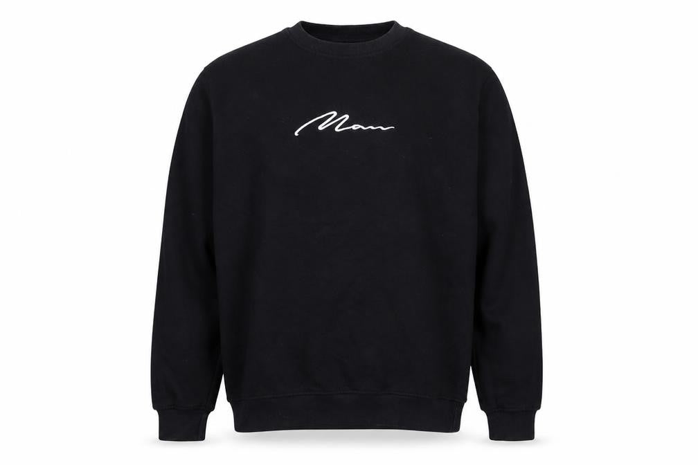 Front view of boohooMAN Men’s Black Embroidered Logo Pullover Sweatshirt, size L
