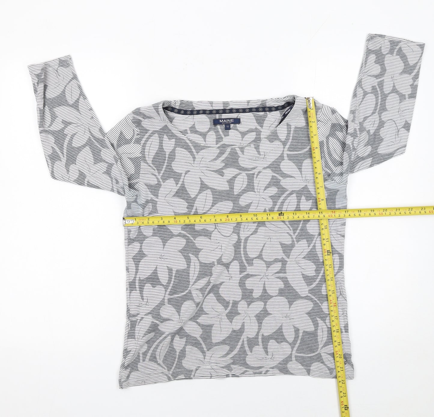 Maine New England Women's Grey Floral 3/4 Sleeve Cotton T-Shirt Size 12