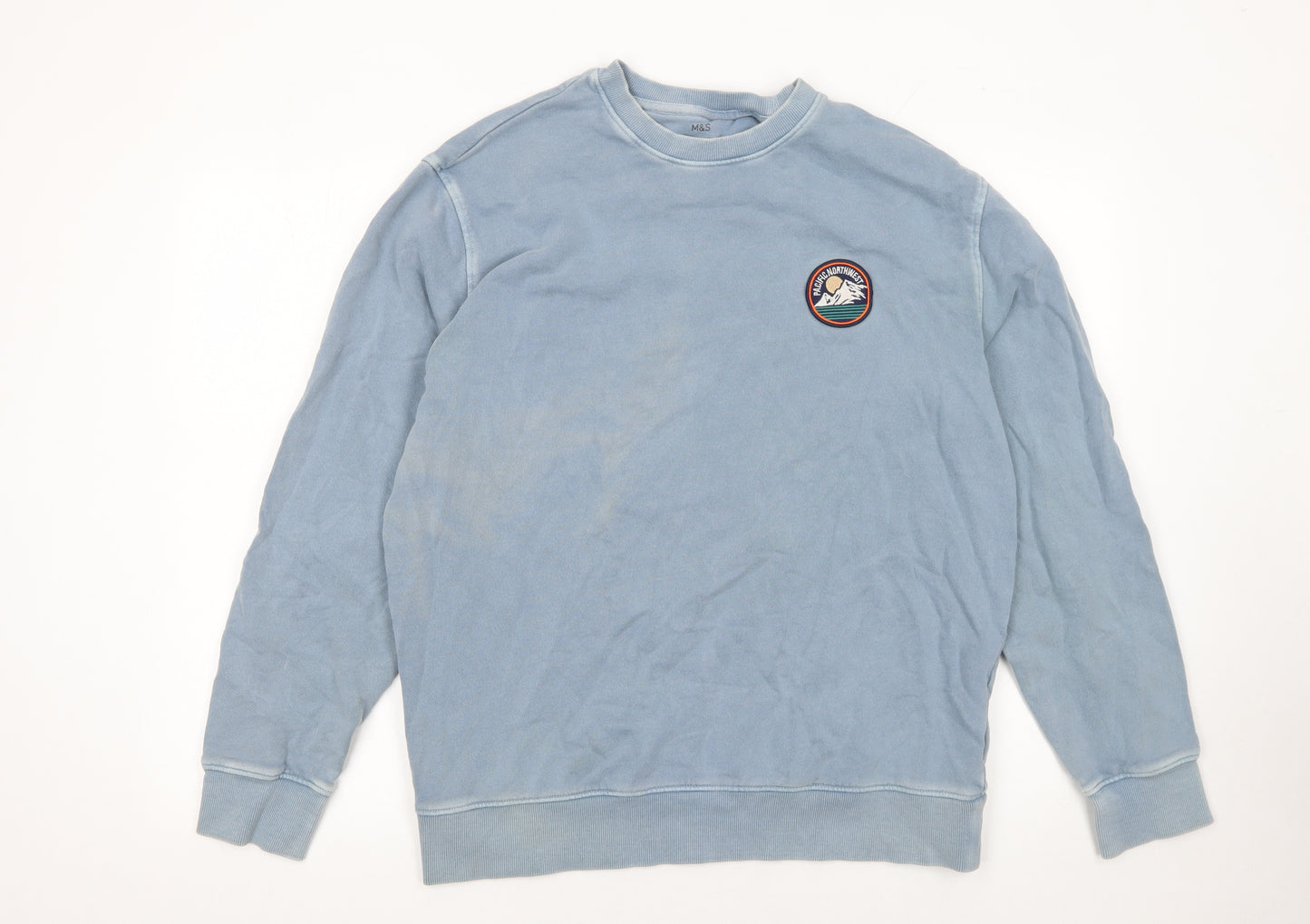 Marks and Spencer Men's Blue Embroidered Crew Neck Sweatshirt M