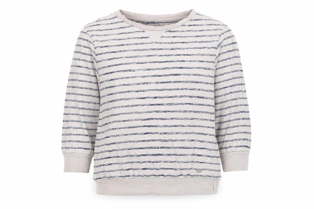 Front view of O'Neill women’s beige blue striped pullover sweatshirt xs cotton blend