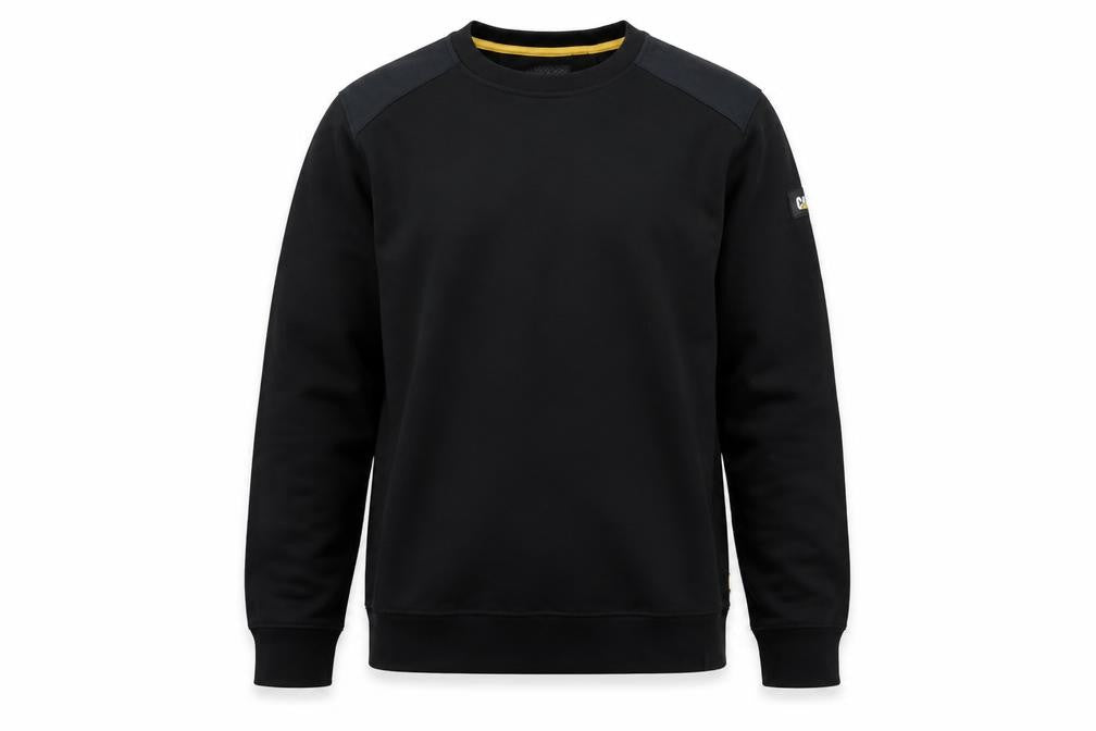 Front view of CAT Men's Black Pullover Crew Neck Sweatshirt, size S, Regular Fit