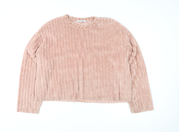 Zara Trafaluc Women Pink L Fleece Pullover Sweatshirt Soft Faux Fur