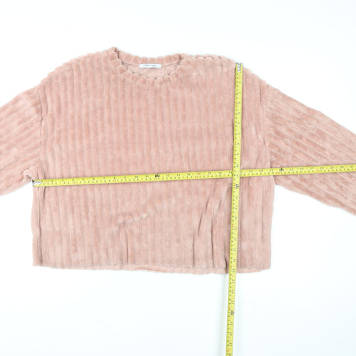 Zara Trafaluc Women Pink L Fleece Pullover Sweatshirt Soft Faux Fur