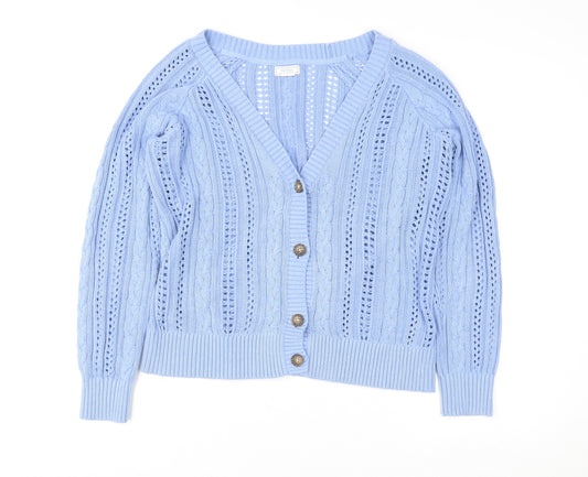 Fat Face Women Blue Size 12 Open Knit V-Neck Cardigan
