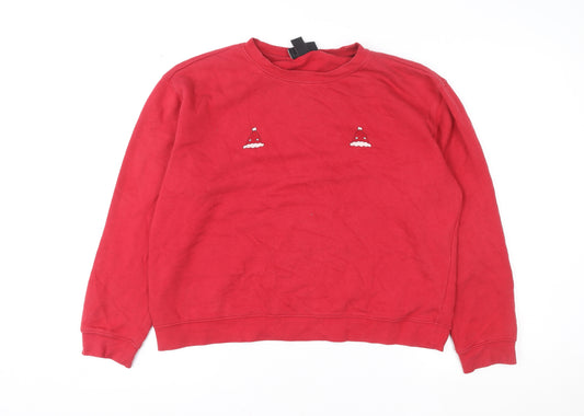 Monki Women Red Cotton Blend Crew Neck Christmas Sweatshirt Size 12