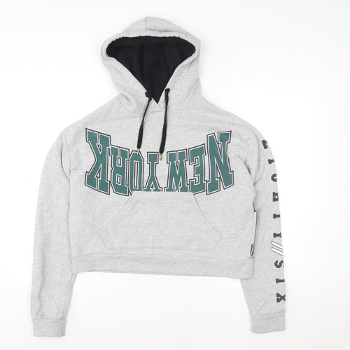 Topshop Women Grey New York Cropped Hoodie Size 8 Cotton Blend