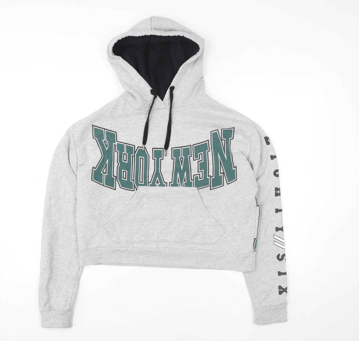 Topshop Women Grey New York Cropped Hoodie Size 8 Cotton Blend