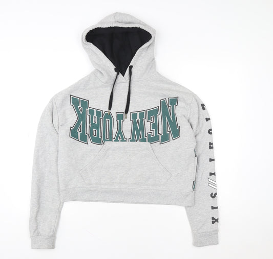 Topshop Women Grey New York Cropped Hoodie Size 8 Cotton Blend