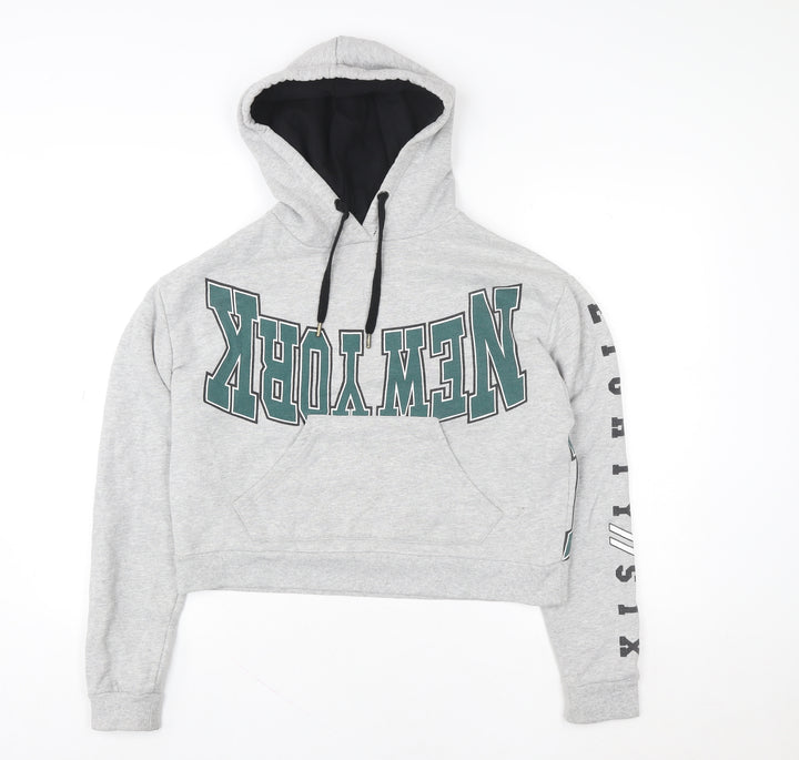 Topshop Women Grey New York Cropped Hoodie Size 8 Cotton Blend