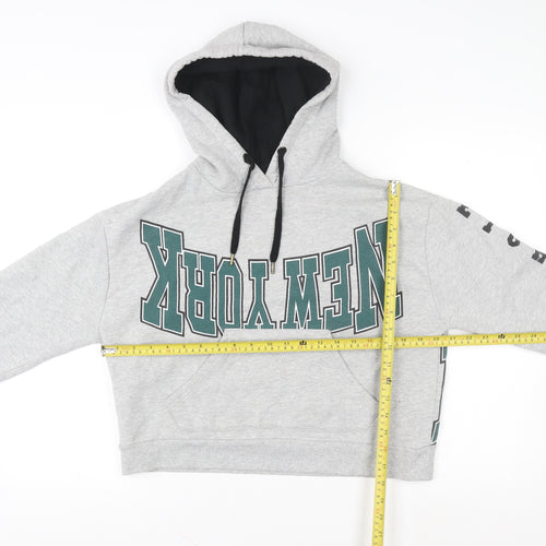 Topshop Women Grey New York Cropped Hoodie Size 8 Cotton Blend