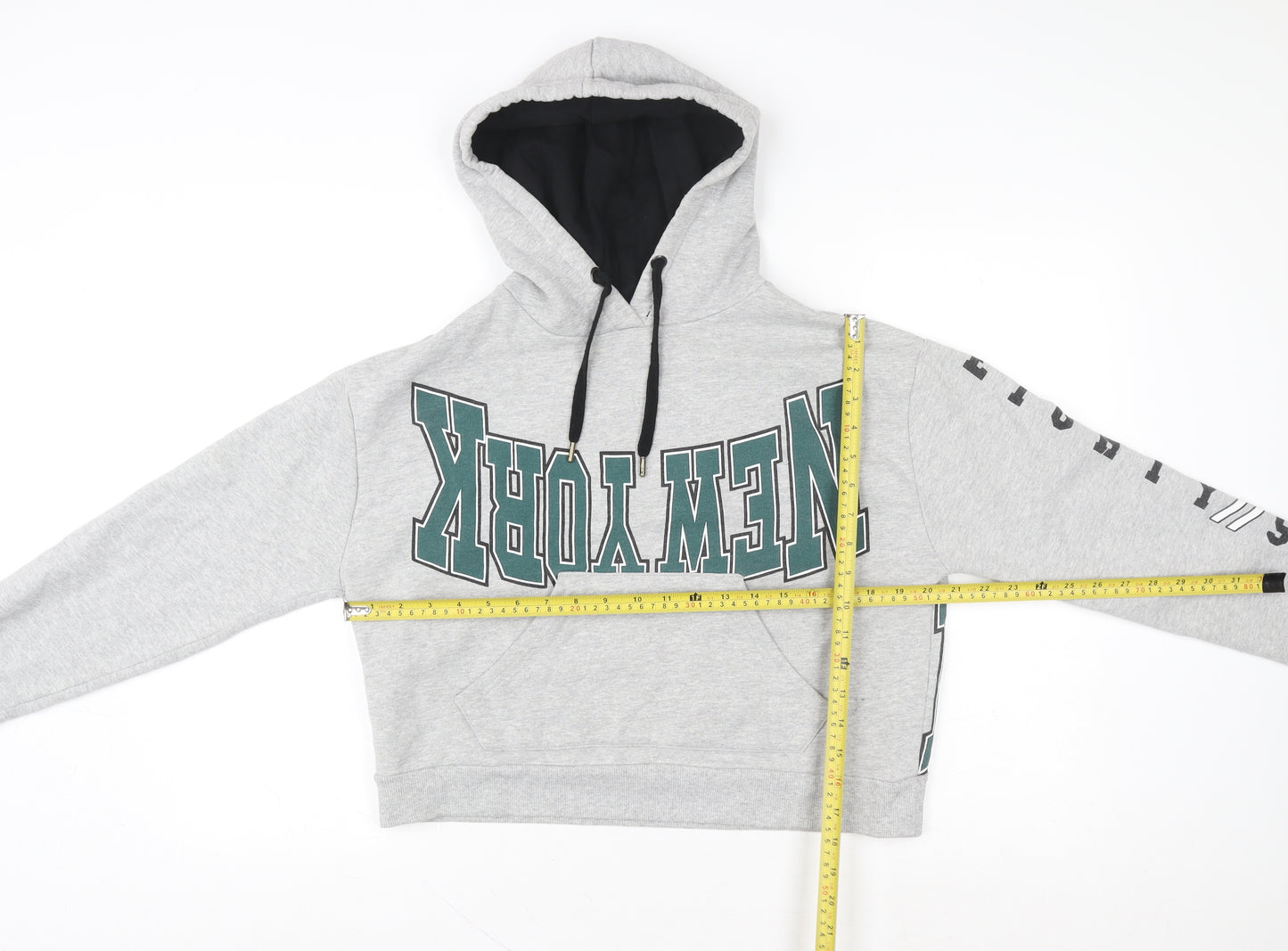 Topshop Women Grey New York Cropped Hoodie Size 8 Cotton Blend