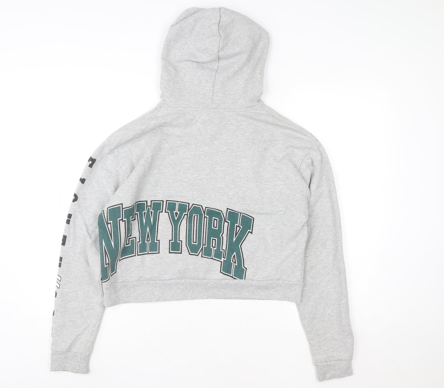 Topshop Women Grey New York Cropped Hoodie Size 8 Cotton Blend