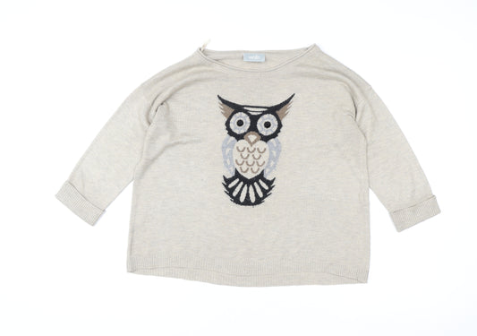 Wallis Womens Beige Owl Pullover Sweater Size S UK 10 Acrylic Wool Blend