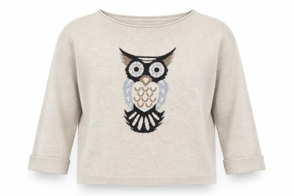 Front view of Wallis women’s beige owl pullover sweater, size S, uk 10 acrylic wool blend