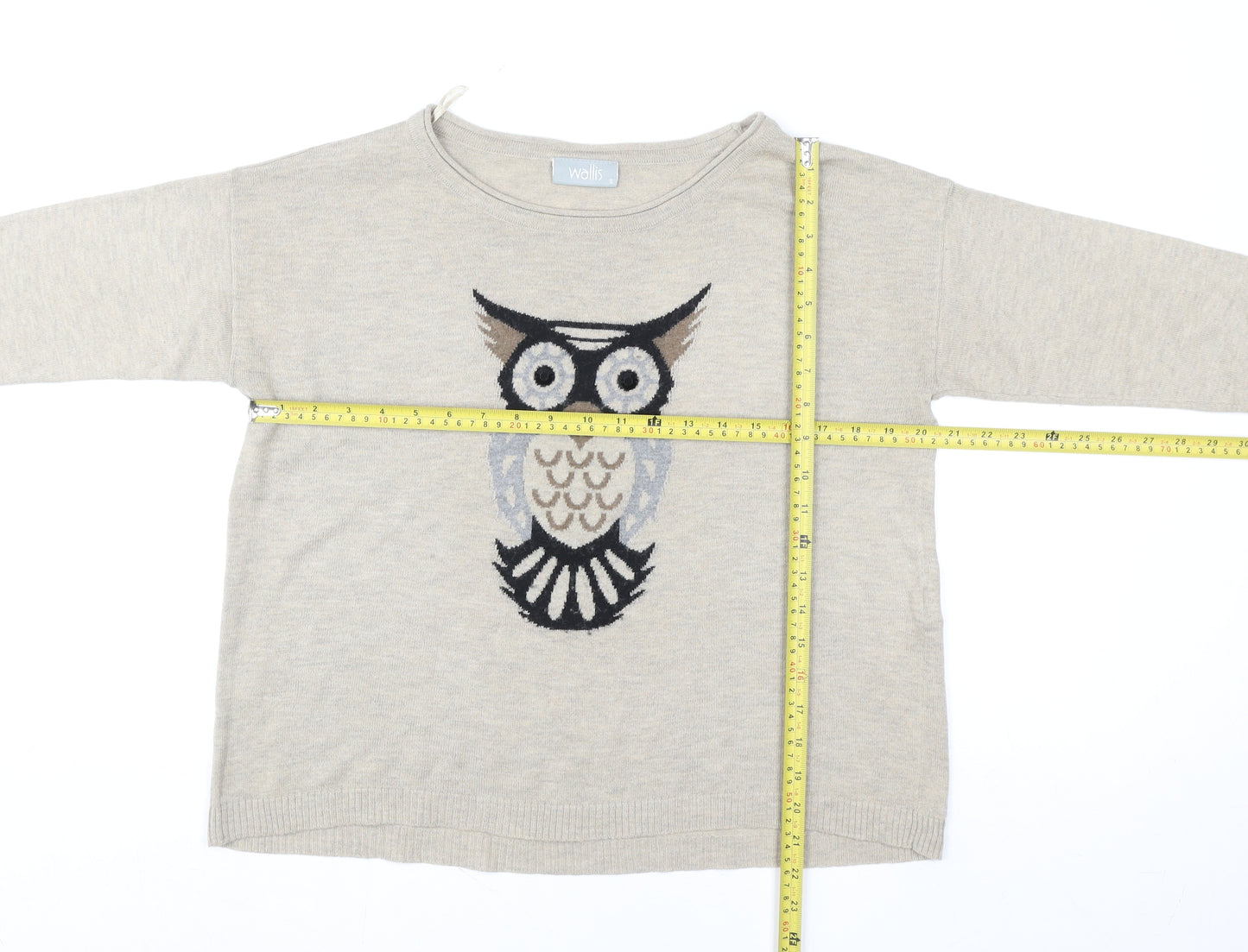Wallis Womens Beige Owl Pullover Sweater Size S UK 10 Acrylic Wool Blend