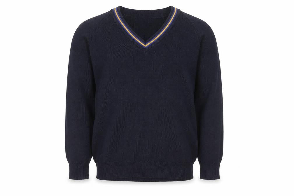 Front view of Stevensons boys’ black v-neck school knitted acrylic pullover 32in