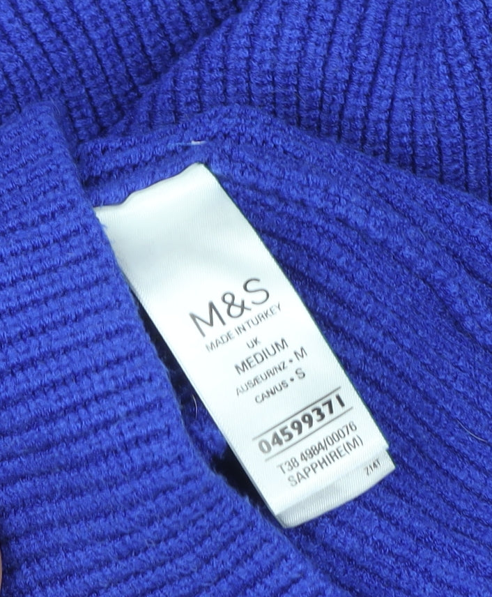 Marks and Spencer Women Blue Roll Neck Ribbed Knit Pullover Sweater M