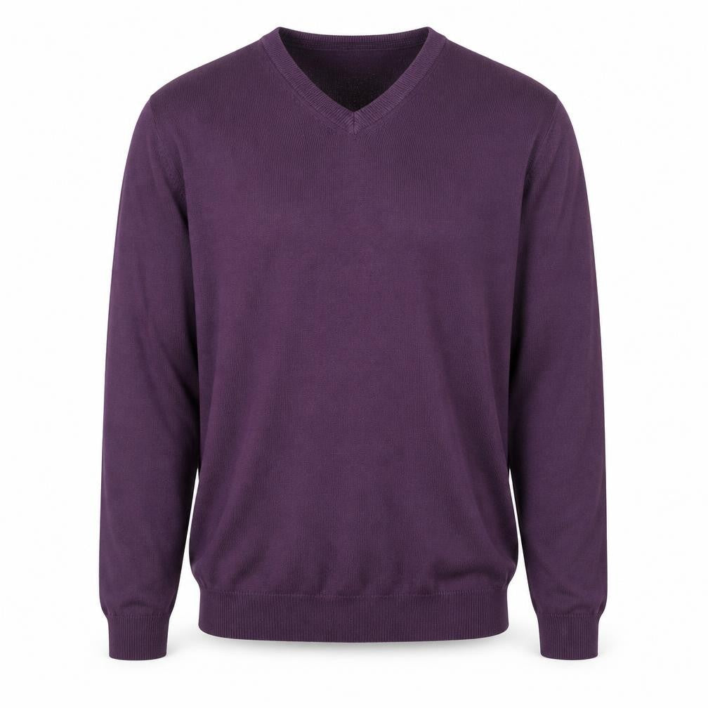Front view of James Pringle Men's Purple V-Neck Acrylic Knit jumper, size M