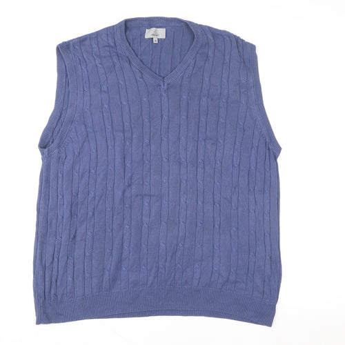 Marks and Spencer Men's Blue XL Cable Knit V-Neck Cotton Vest Jumper