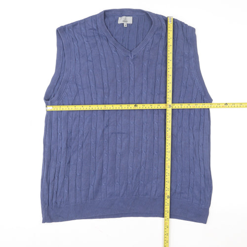 Marks and Spencer Men's Blue XL Cable Knit V-Neck Cotton Vest Jumper