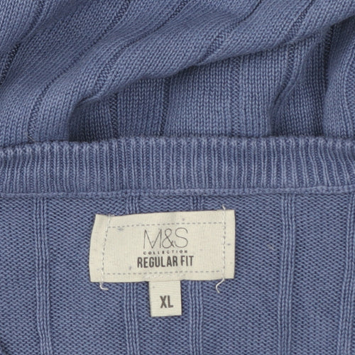 Marks and Spencer Men's Blue XL Cable Knit V-Neck Cotton Vest Jumper