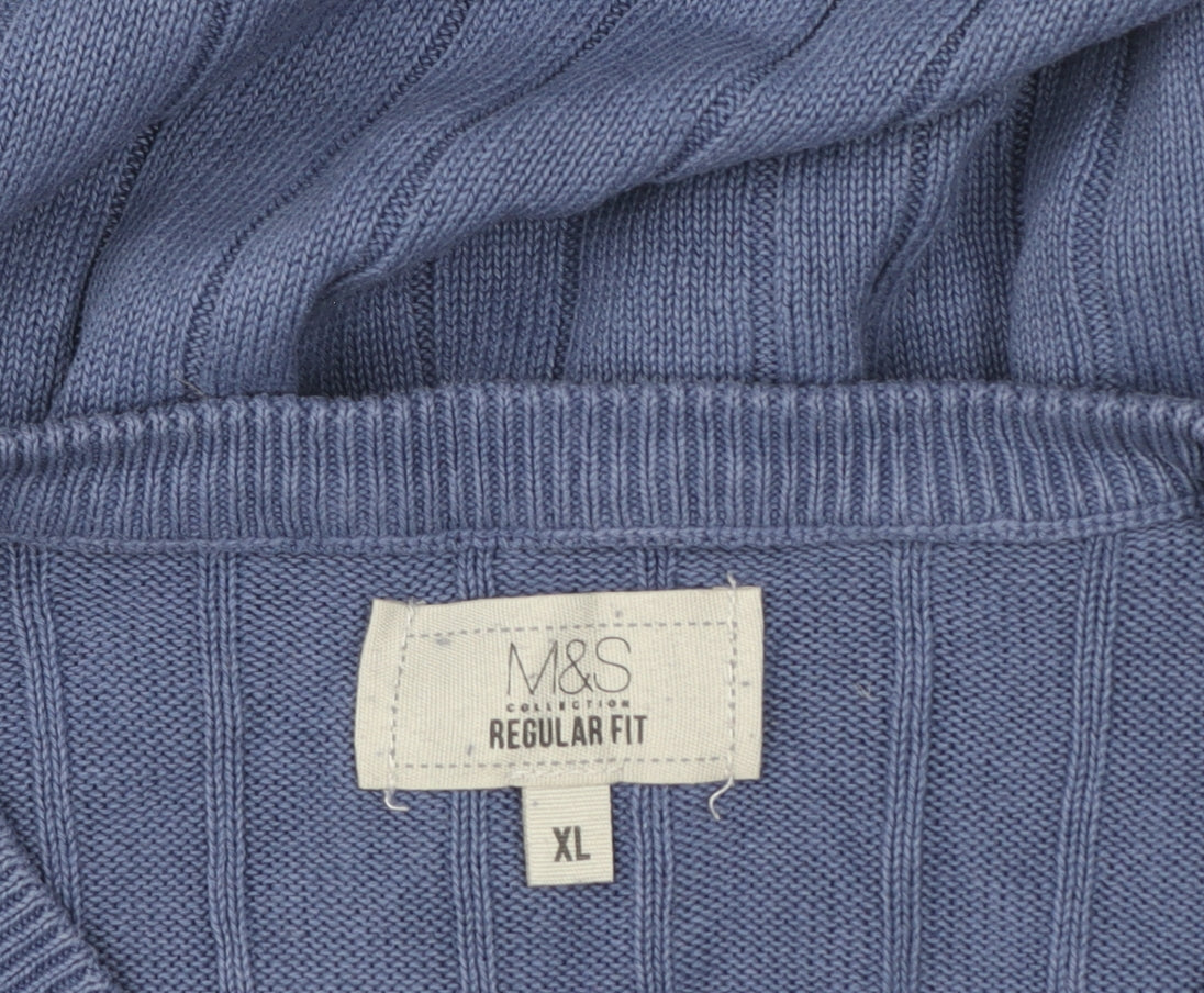 Marks and Spencer Men's Blue XL Cable Knit V-Neck Cotton Vest Jumper