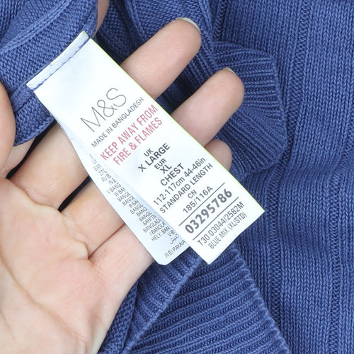 Marks and Spencer Men's Blue XL Cable Knit V-Neck Cotton Vest Jumper