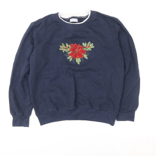 Damart Women's Navy Blue Embroidered Floral Crew Neck Sweatshirt Size L