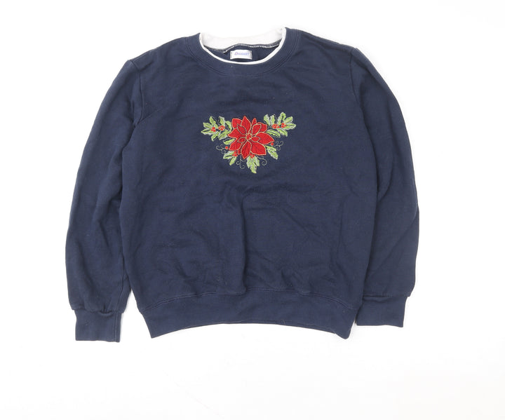 Damart Women's Navy Blue Embroidered Floral Crew Neck Sweatshirt Size L
