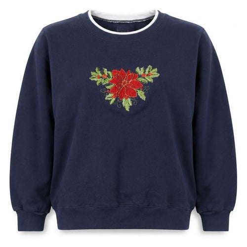 Damart Women's Navy Blue Embroidered Floral Crew Neck Sweatshirt Size L