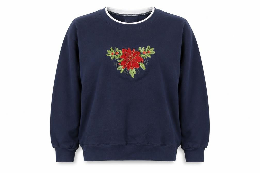 Damart Women's Navy Blue Embroidered Floral Crew Neck Sweatshirt Size L