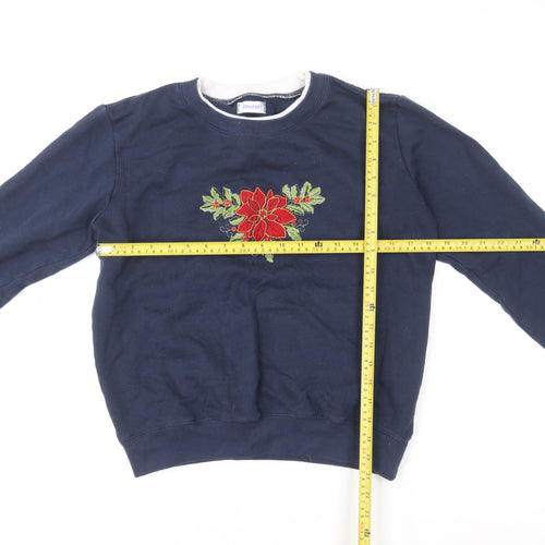 Damart Women's Navy Blue Embroidered Floral Crew Neck Sweatshirt Size L
