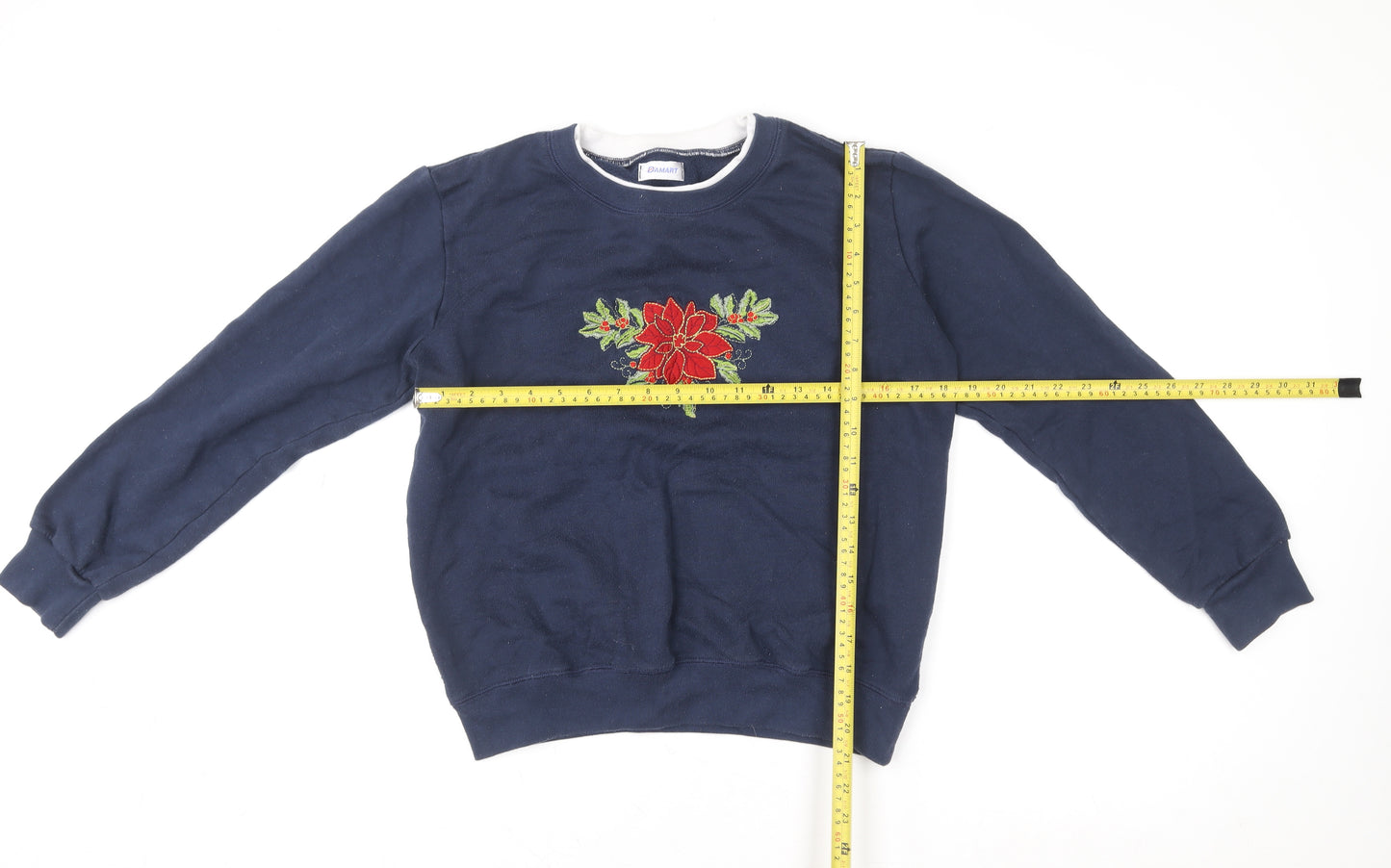 Damart Women's Navy Blue Embroidered Floral Crew Neck Sweatshirt Size L