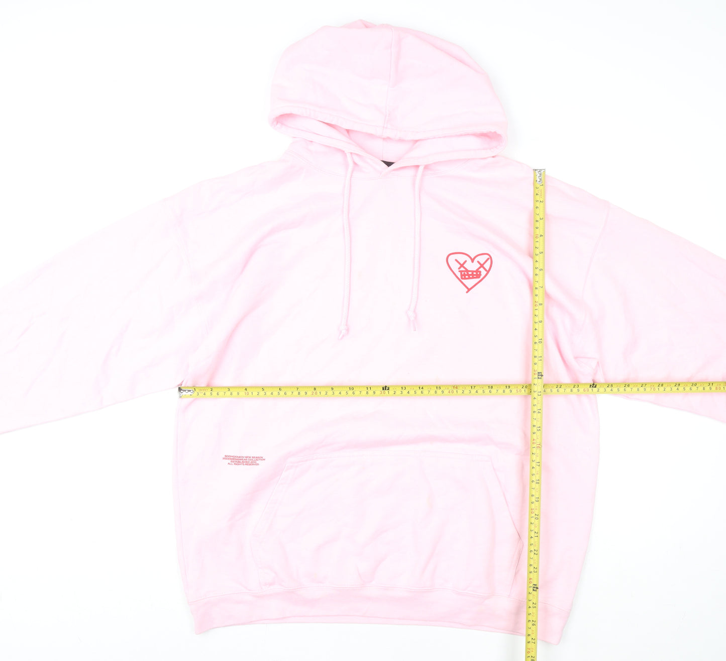 boohooMAN Pink Heart Graphic Pullover Hoodie L Unisex Adults