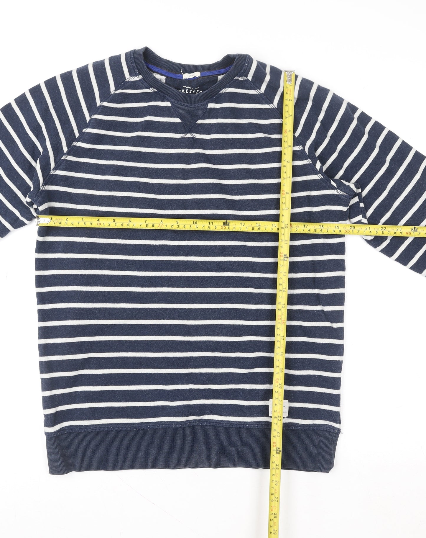 O'Neill Women's Navy Striped Cotton Crew Neck Pullover Sweatshirt M