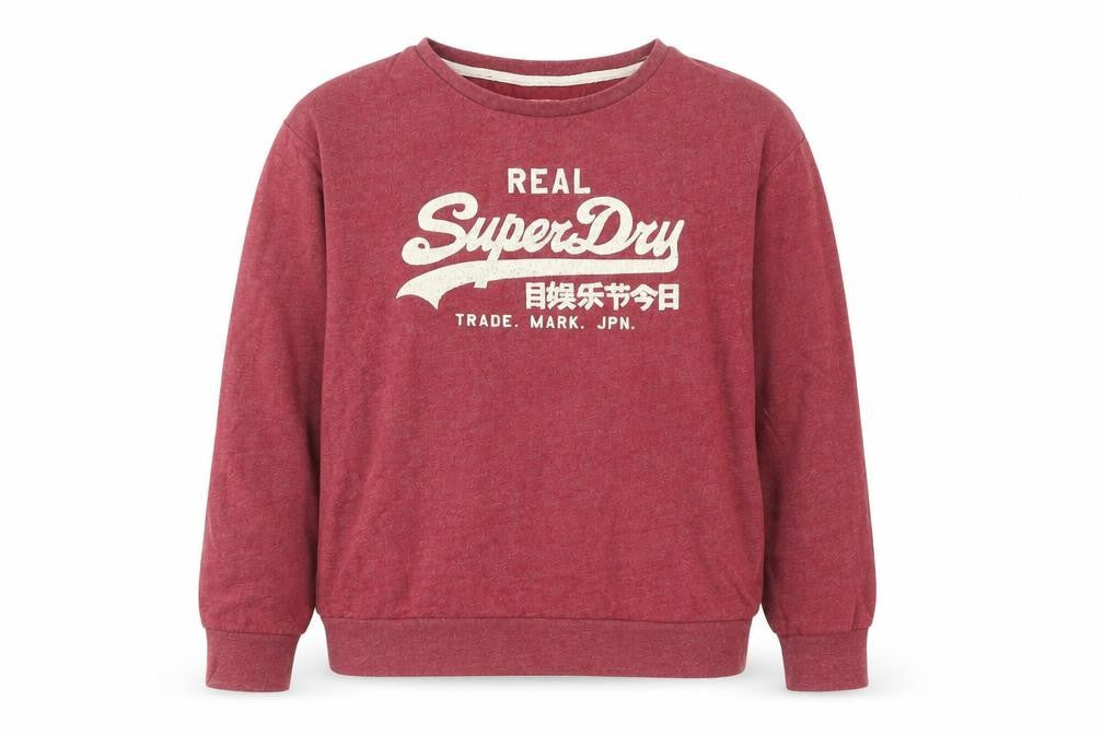 Front view of Superdry women’s red small pullover crew neck logo sweatshirt