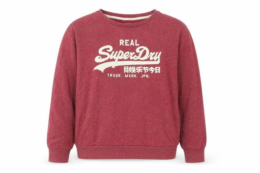 Front view of Superdry women’s red small pullover crew neck logo sweatshirt