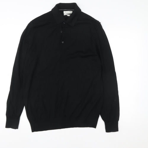 Marks and Spencer Autograph Men's Black Merino Wool Collared Henley Jumper L