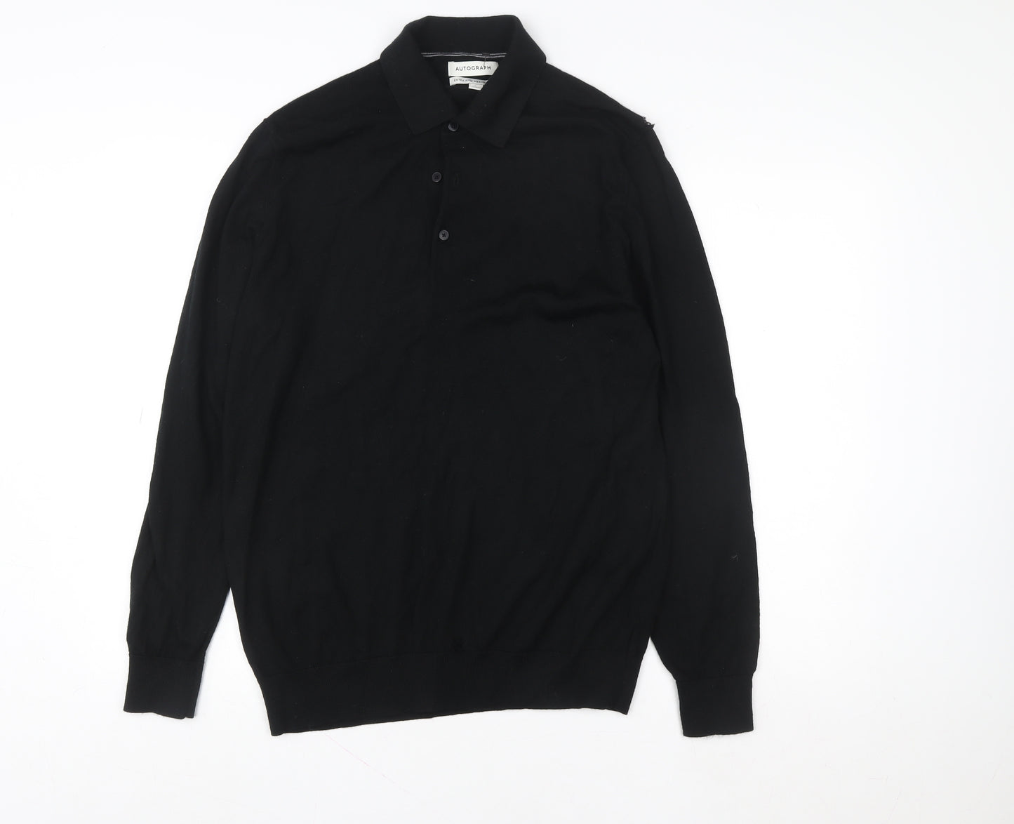 Marks and Spencer Autograph Men's Black Merino Wool Collared Henley Jumper L